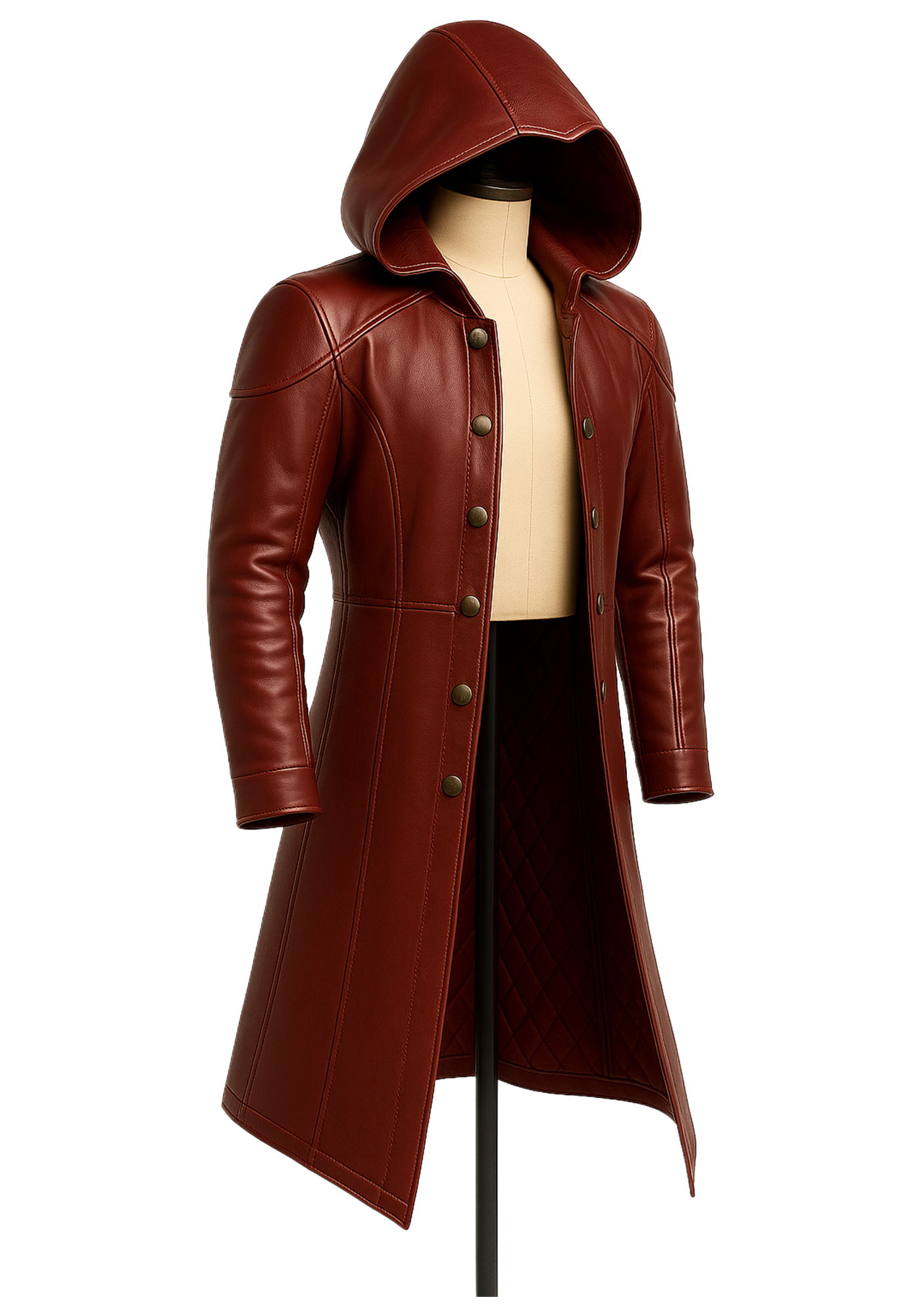 Burgundy brown leather-style hooded coat with long panels, button front, stitched shoulders, long sleeves, and a broad attached hood