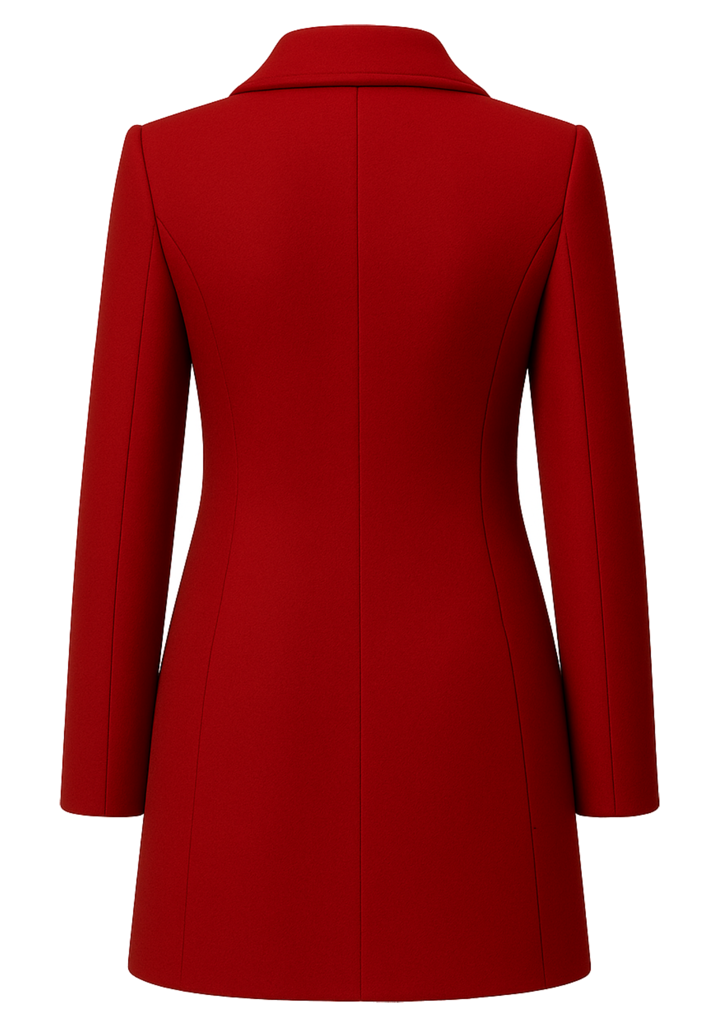 Red women's trench coat with wide lapels, black buttons, long sleeves, tailored panels, and a below-hip shape inspired by Falling for Christmas