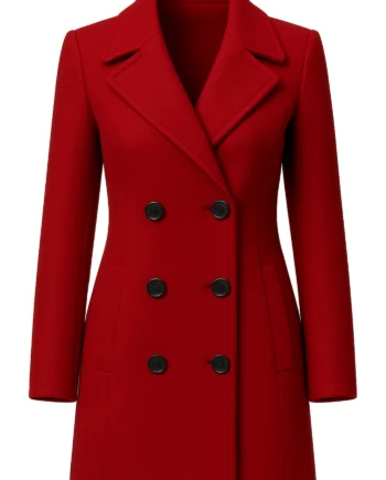 Red women's trench coat with wide lapels, black buttons, long sleeves, tailored panels, and a below-hip shape inspired by Falling for Christmas
