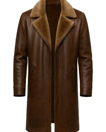 Men's long brown fur coat with plush fur collar, pointed lapels, front zipper, angled zip pockets, long sleeves, and smooth back panels