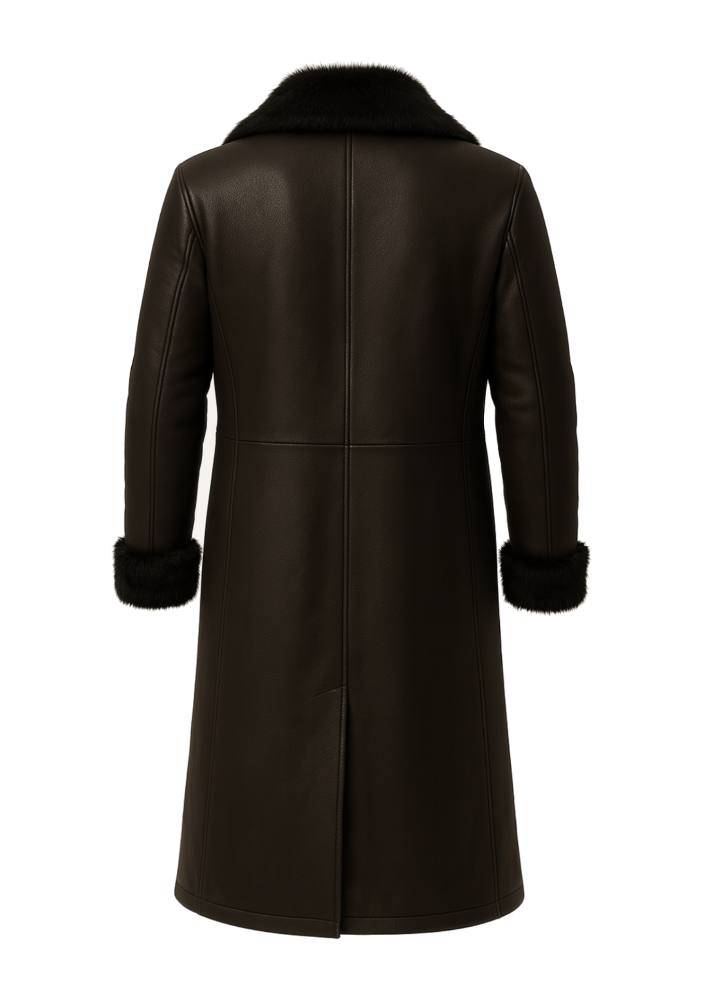 Dark brown men's trench fur coat with black fur collar and cuffs, button front, long sleeves, angled pockets, and full-length shape