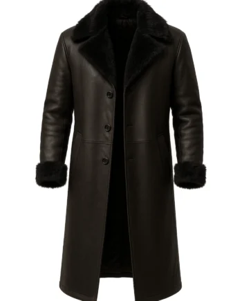 Dark brown men's trench fur coat with black fur collar and cuffs, button front, long sleeves, angled pockets, and full-length shape