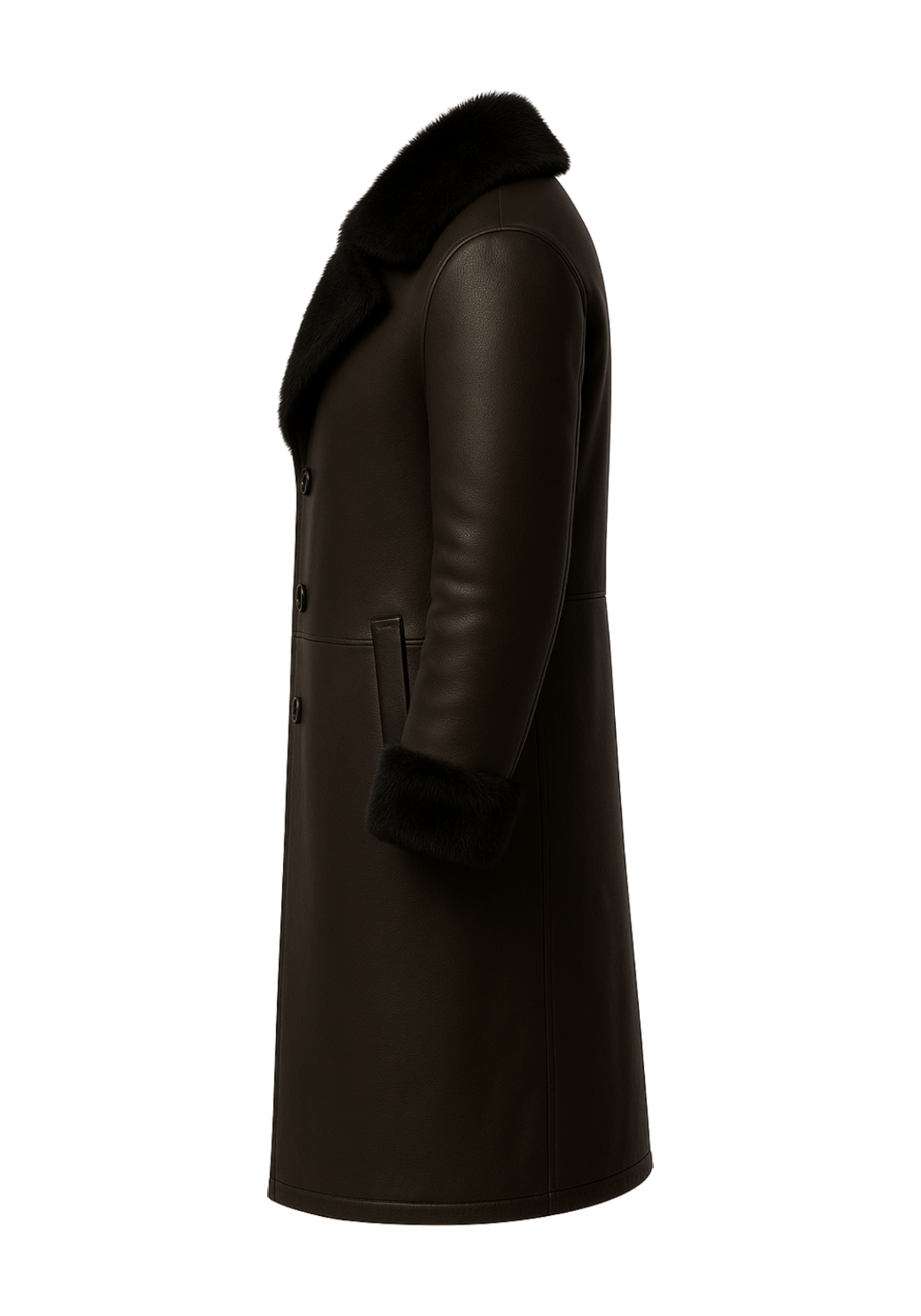 Dark brown men's trench fur coat with black fur collar and cuffs, button front, long sleeves, angled pockets, and full-length shape