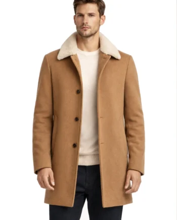 Men's camel trench coat shown front and back with cream textured collar, dark button front, long sleeves, pockets, and straight mid-thigh shape