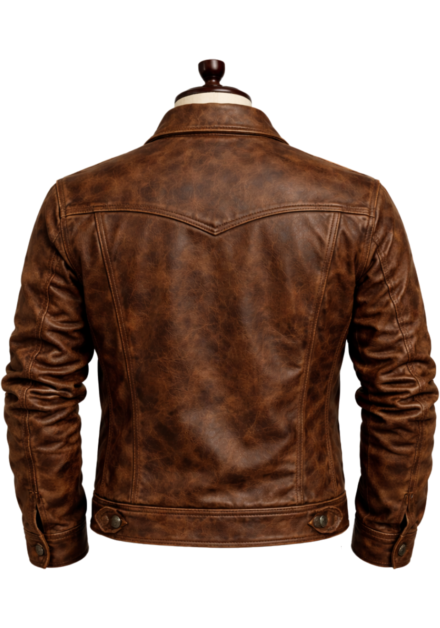 Men's dark brown distressed biker jacket shown front and back with button closure, shirt collar, flap pockets, long sleeves, and rear yoke
