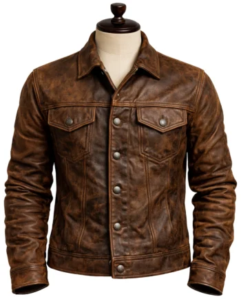 Men's dark brown distressed biker jacket shown front and back with button closure, shirt collar, flap pockets, long sleeves, and rear yoke