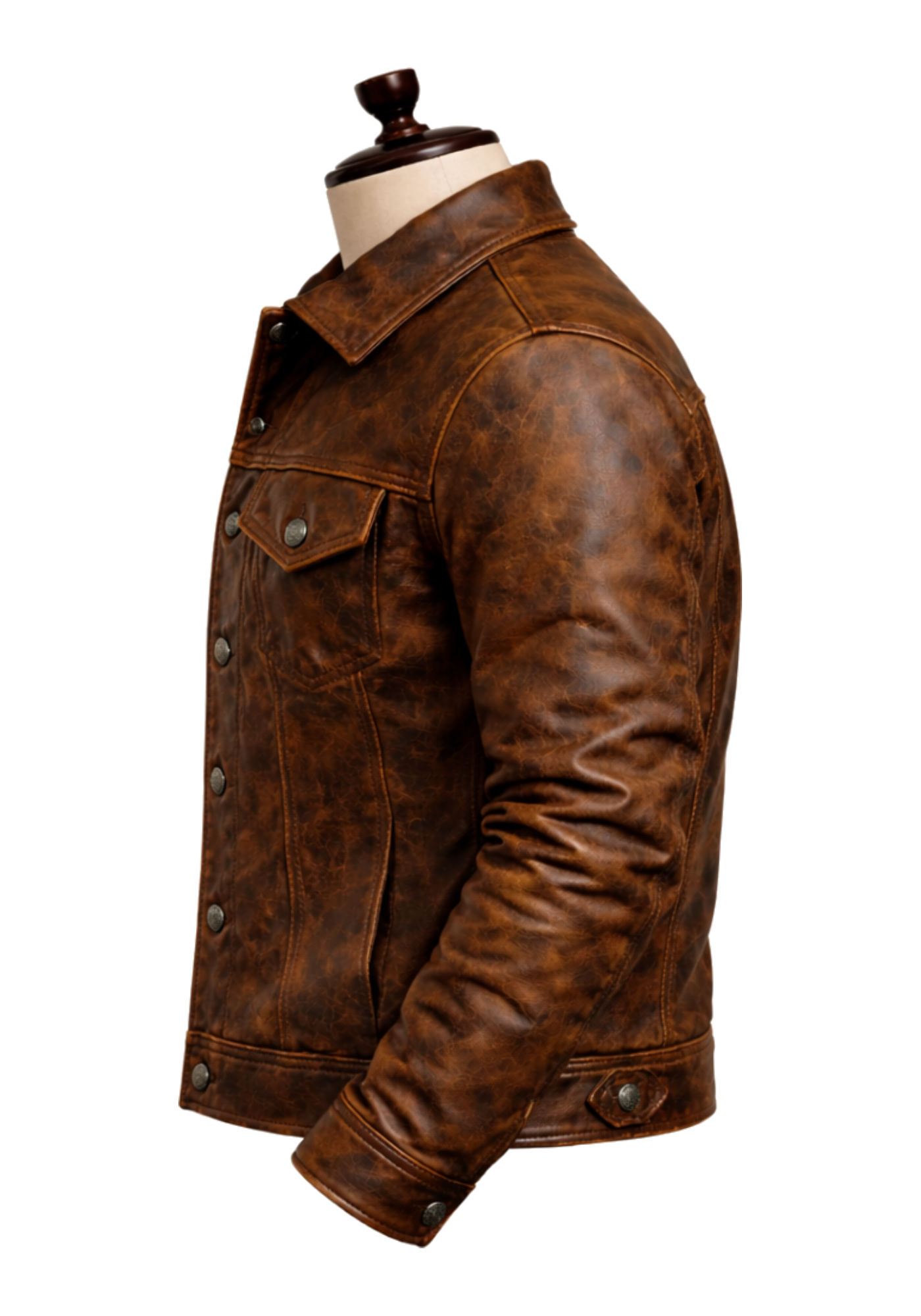 Men's dark brown distressed biker jacket shown front and back with button closure, shirt collar, flap pockets, long sleeves, and rear yoke