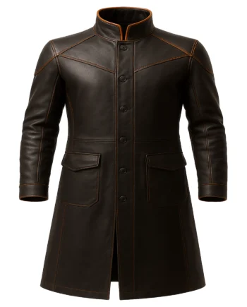 Dark brown men's gothic trench coat with stand collar, button front, long sleeves, flap pockets, stitched panels, and extended overall shape
