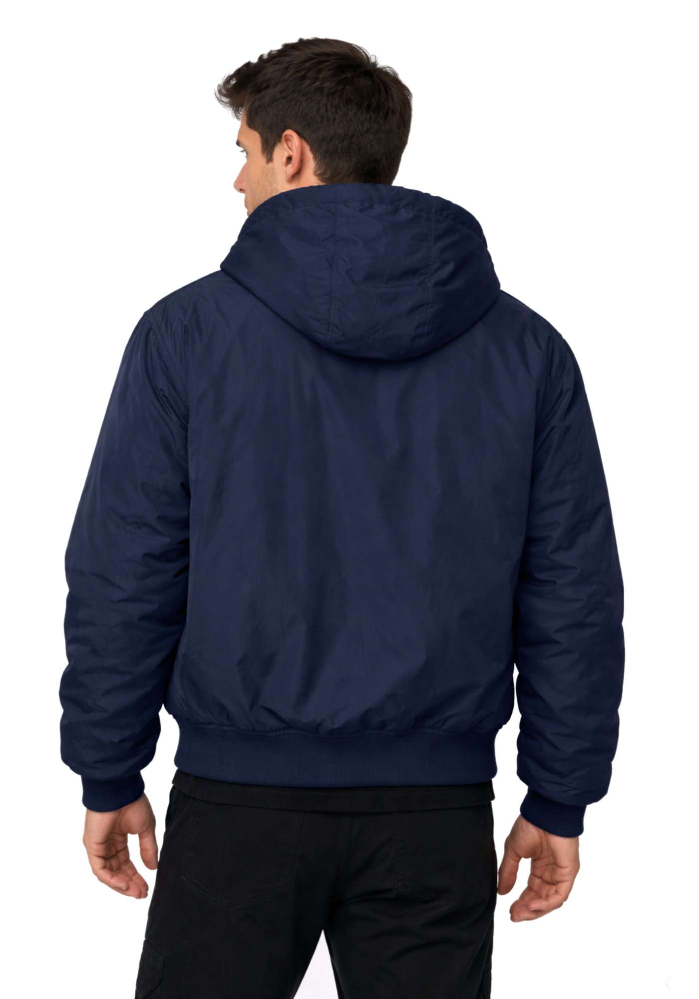 Men’s navy hooded bomber jacket with drawstrings, long sleeves, ribbed cuffs and hem, shown in a compact casual overall shape