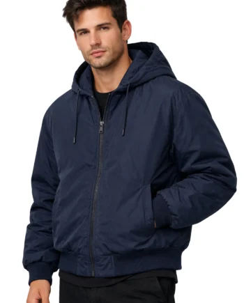 Men’s navy hooded bomber jacket with drawstrings, long sleeves, ribbed cuffs and hem, shown in a compact casual overall shape