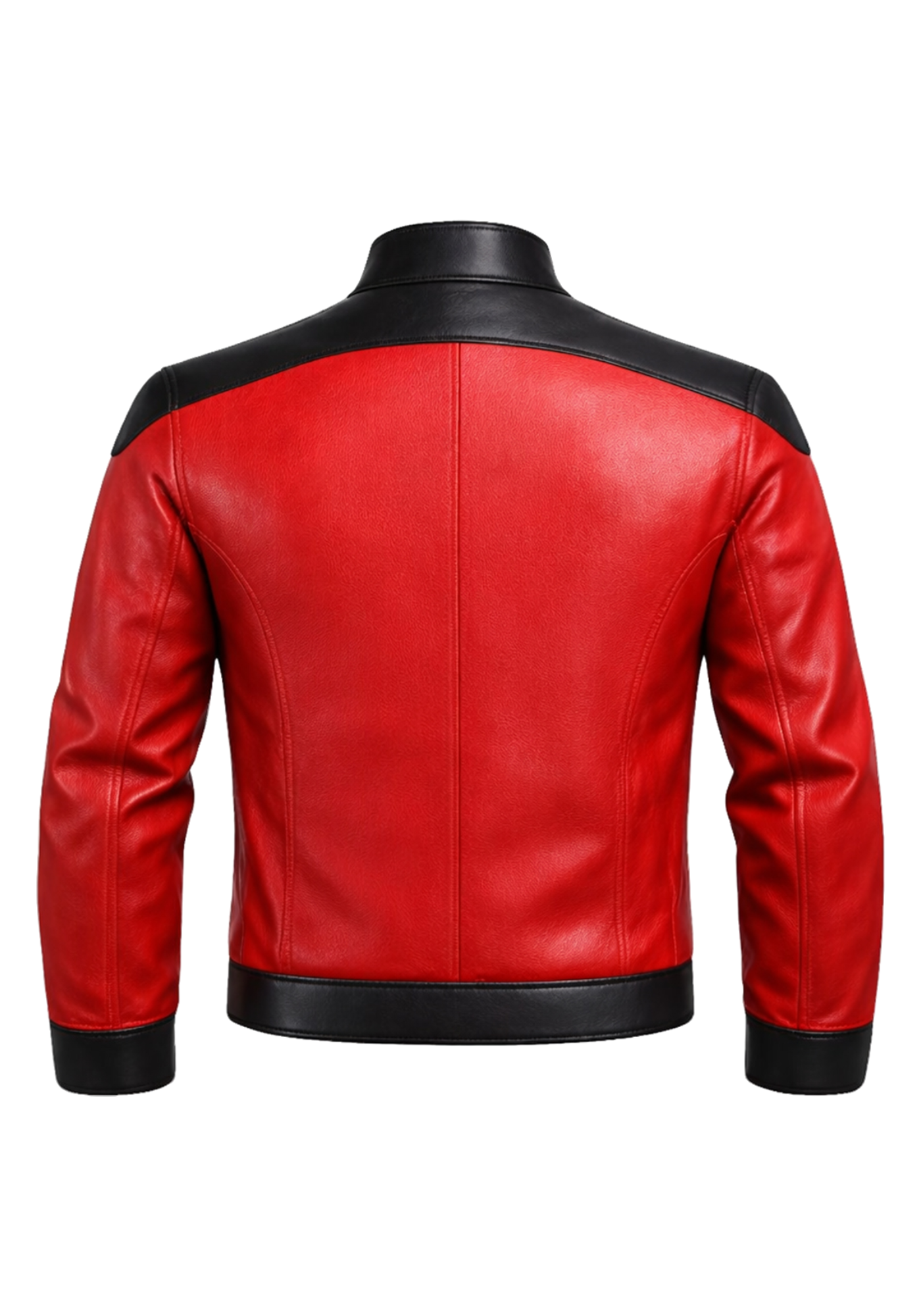 Red and black leather-style superhero jacket with stand collar, black shoulder panels, long sleeves, cuffs, and hem inspired by Mr. Incredible