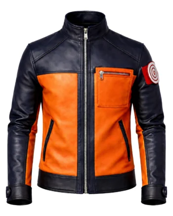 Orange and navy Naruto Shippuden inspired leather-style jacket with stand collar, zip pockets, long sleeves, and spiral patches