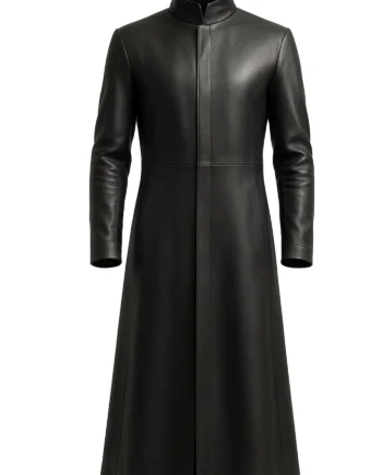 Long black leather-style trench coat with raised stand collar, long sleeves, structured seams, and an extended straight hem inspired by Neo from The Matrix