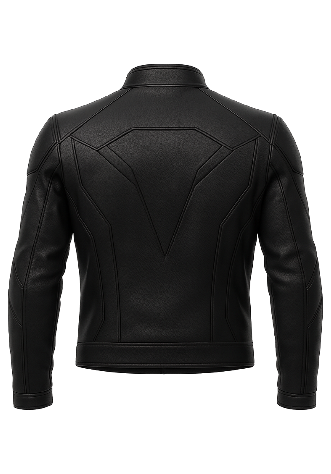 Black men's biker jacket with stand collar, front zipper, geometric stitched panels, long sleeves, zip pockets, and structured back detailing