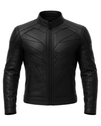 Black men's biker jacket with stand collar, front zipper, geometric stitched panels, long sleeves, zip pockets, and structured back detailing