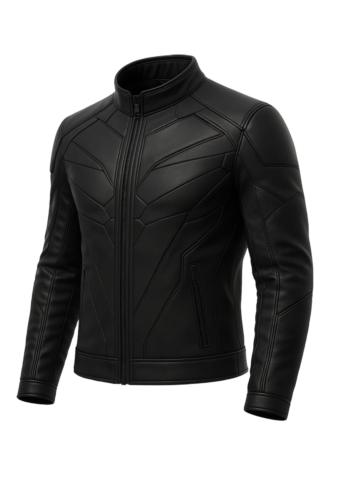 Black men's biker jacket with stand collar, front zipper, geometric stitched panels, long sleeves, zip pockets, and structured back detailing