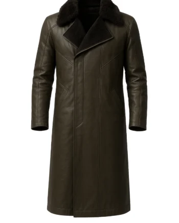 Dark brown Officer K inspired men's trench coat with black fur collar, long sleeves, structured panels, and extended overall shape