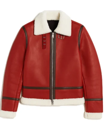 Red aviator bomber jacket with cream shearling-style collar, hem, and cuffs, plus brown piping and structured panel details