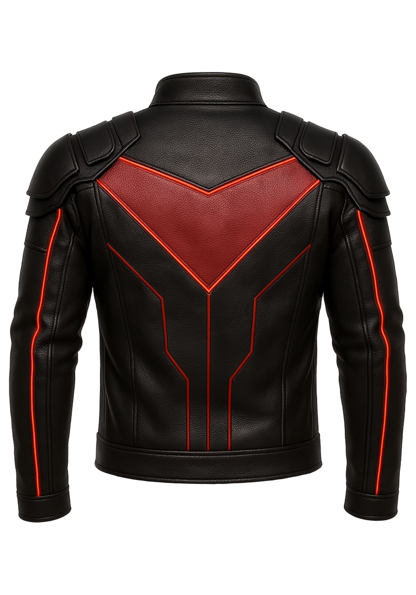 Men's black and red futuristic biker jacket with geometric chest panels, red piping, layered shoulders, stand collar, and long sleeves