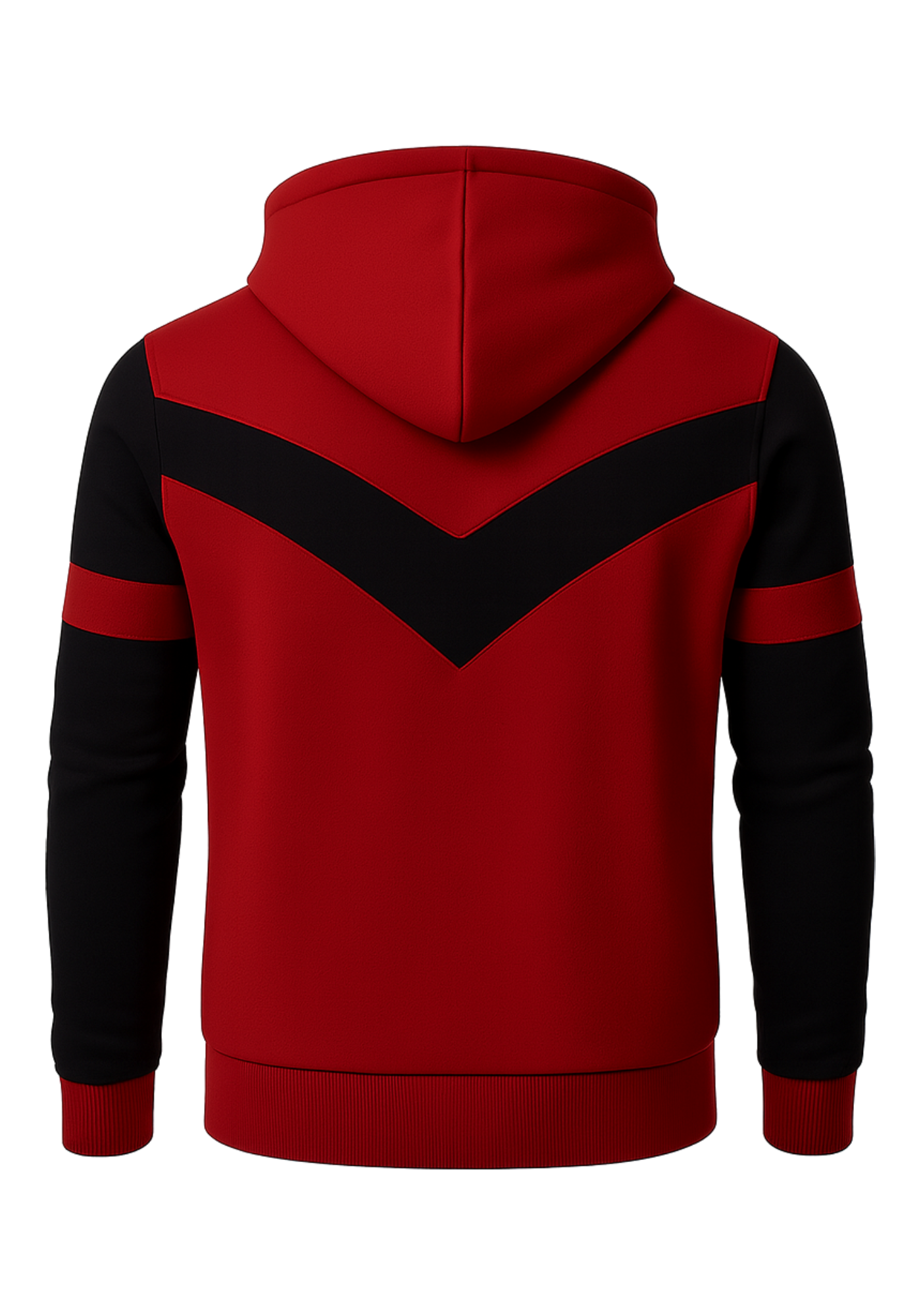 Red and black men's hooded bomber jacket with geometric chest panels, full front zipper, angled zip pockets, and ribbed cuffs