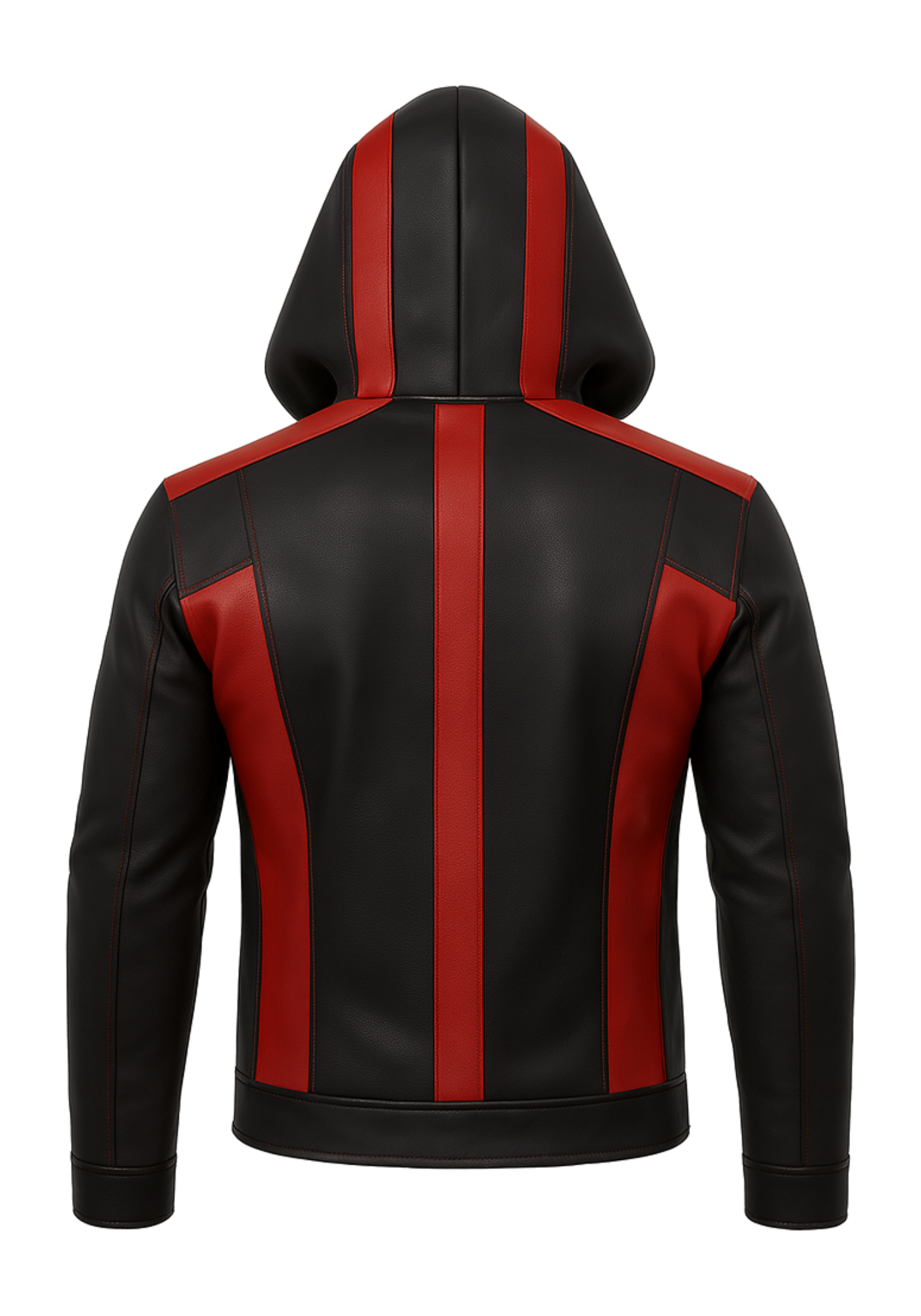 Men's black and red hooded leather-style jacket with contrast shoulder and torso panels, long sleeves, cuffs, and a waist-length shape