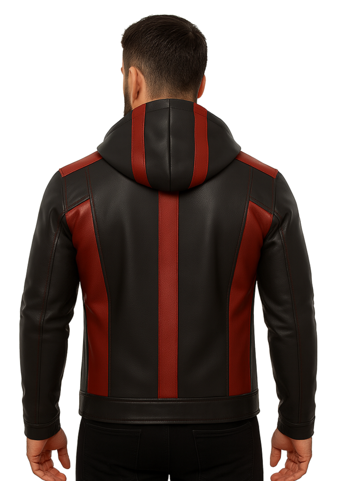 Men's black and red hooded leather-style jacket with contrast shoulder and torso panels, long sleeves, cuffs, and a waist-length shape