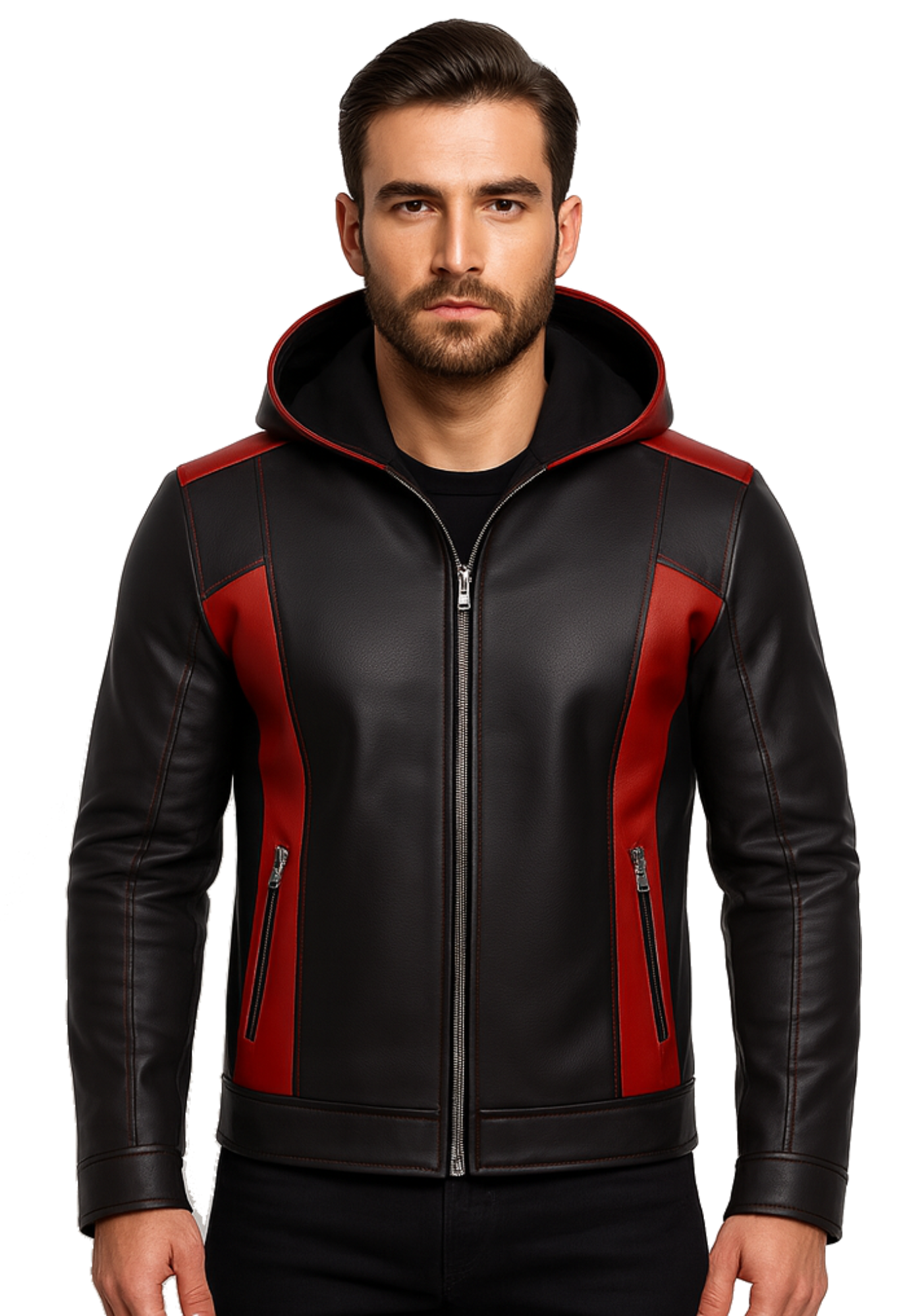 Men's black and red hooded leather-style jacket with contrast shoulder and torso panels, long sleeves, cuffs, and a waist-length shape