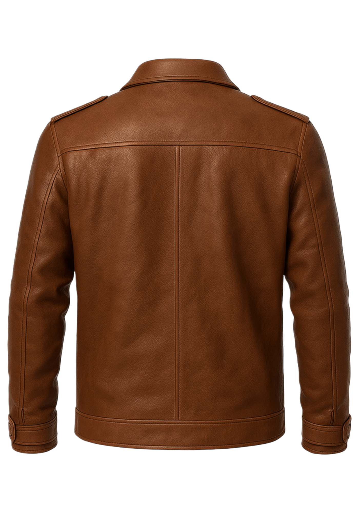 Brown men's adventure jacket with a shirt collar, front zipper, four flap pockets, shoulder epaulettes, long sleeves, and rear yoke