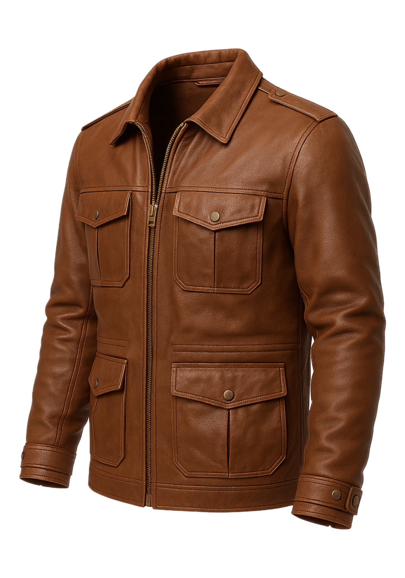Brown men's adventure jacket with a shirt collar, front zipper, four flap pockets, shoulder epaulettes, long sleeves, and rear yoke