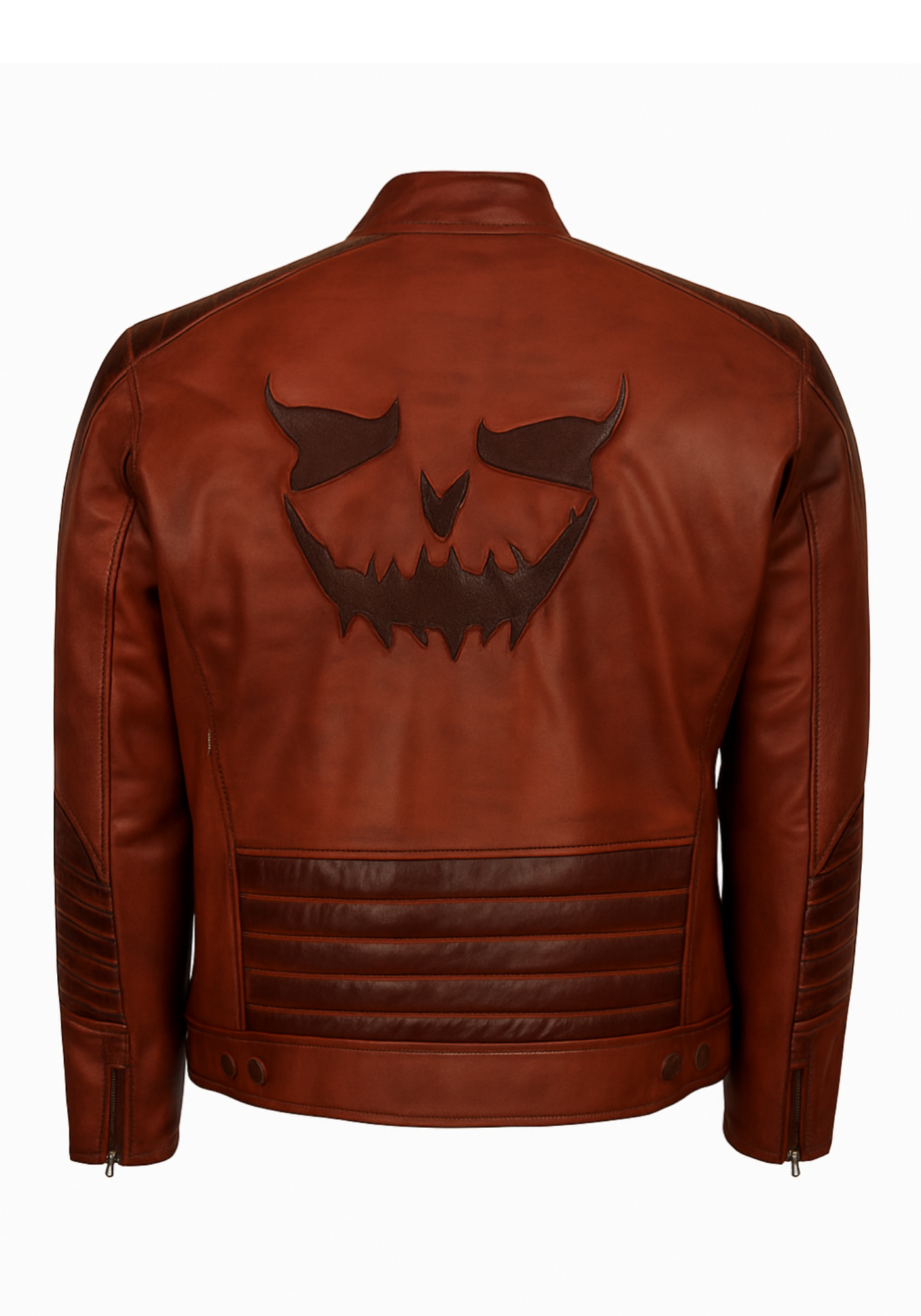 Brown Scarecrow inspired leather-style jacket with stand collar, front zipper pockets, quilted sleeves, and large dark rear face emblem