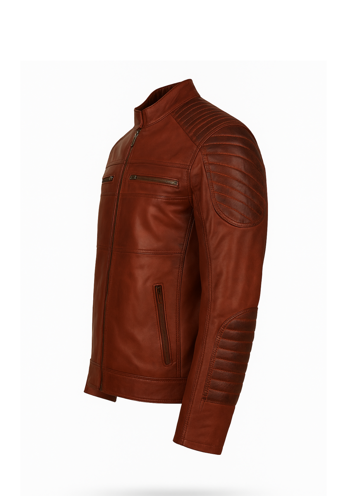 Brown Scarecrow inspired leather-style jacket with stand collar, front zipper pockets, quilted sleeves, and large dark rear face emblem