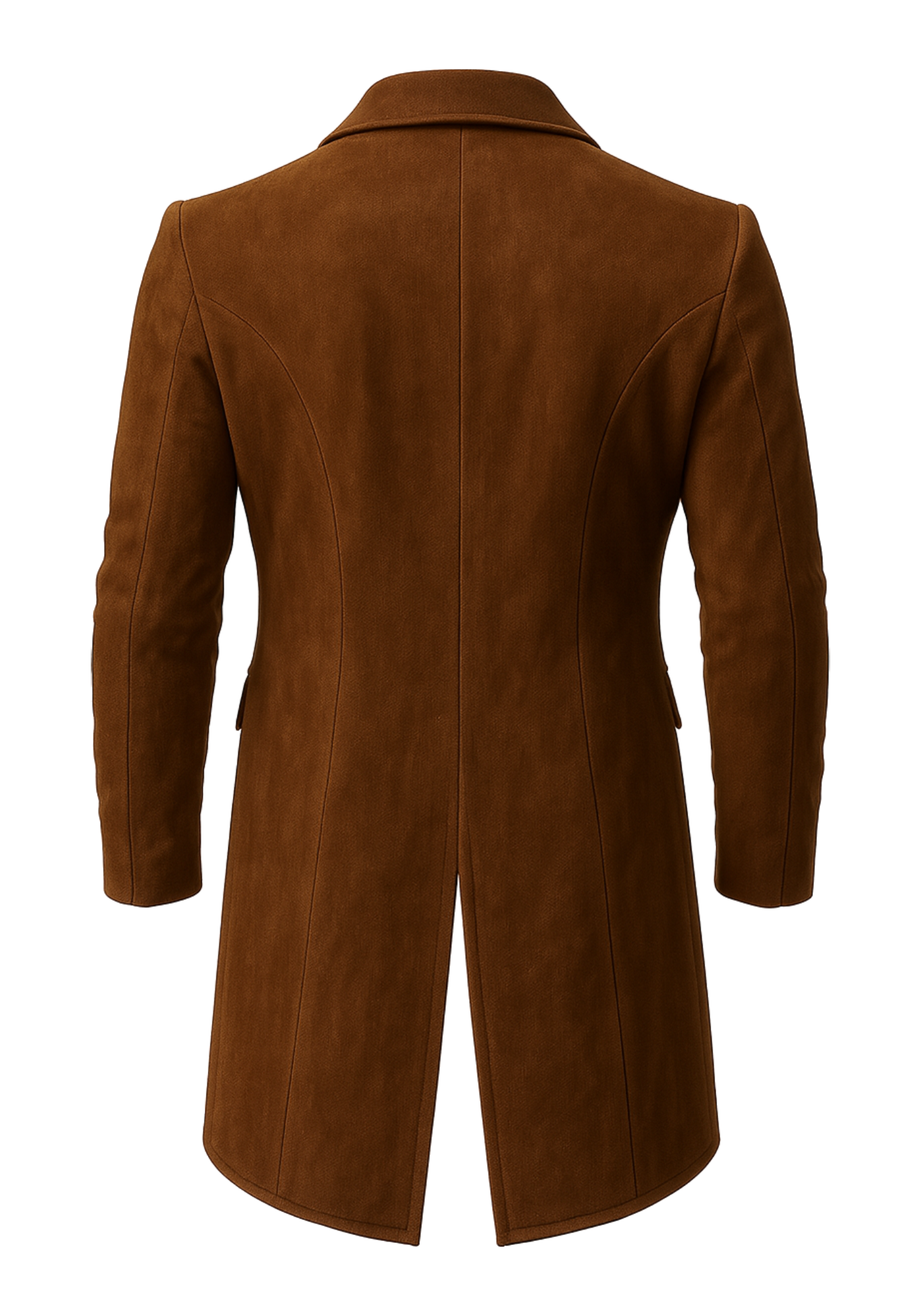 Brown suede men's steampunk trench coat with lapel collar, button front, flap pockets, long sleeves, and a paneled rear hem