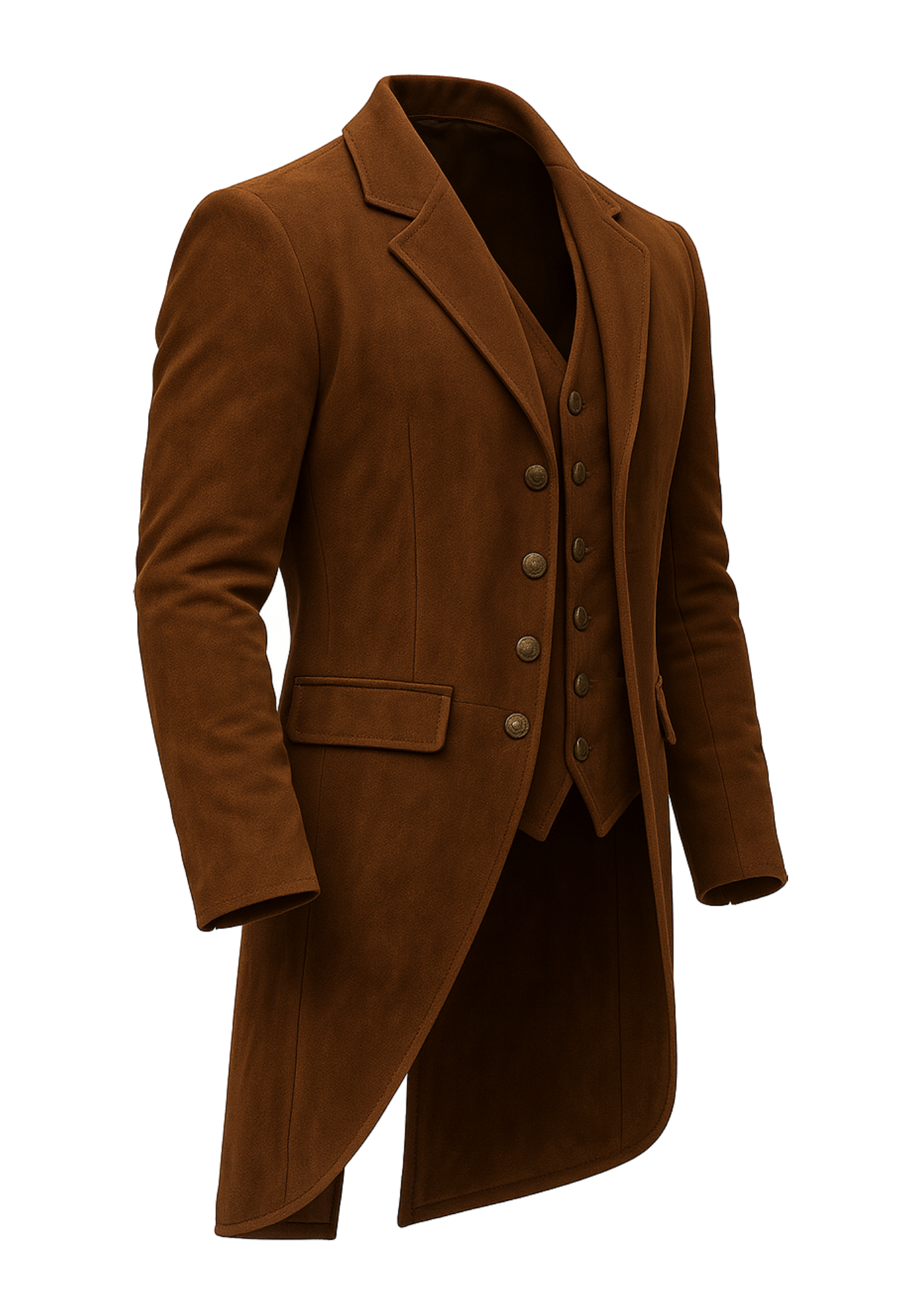 Brown suede men's steampunk trench coat with lapel collar, button front, flap pockets, long sleeves, and a paneled rear hem