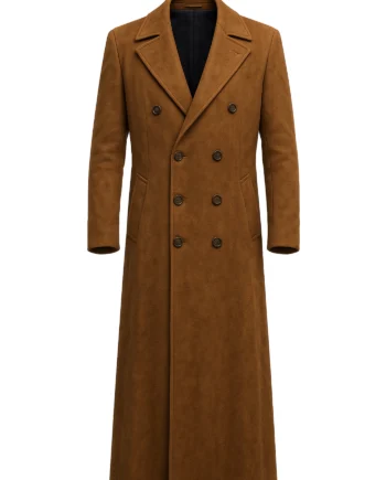 Brown longline trench coat shown from the front, with wide lapels, double-breasted buttons, long sleeves, angled pockets, and Doctor Who styling.