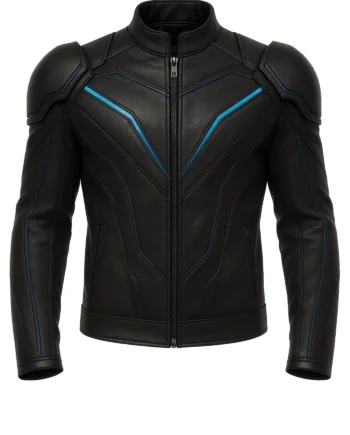 Black TRON V inspired biker jacket with blue piping, angular panels, stand collar, zip pockets, and long sleeves shown front and back