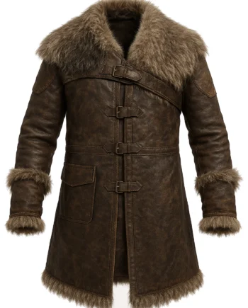 Long dark brown Viking-style winter coat with broad fur collar, fur cuffs, fur hem, stitched panels, and buckled detailing