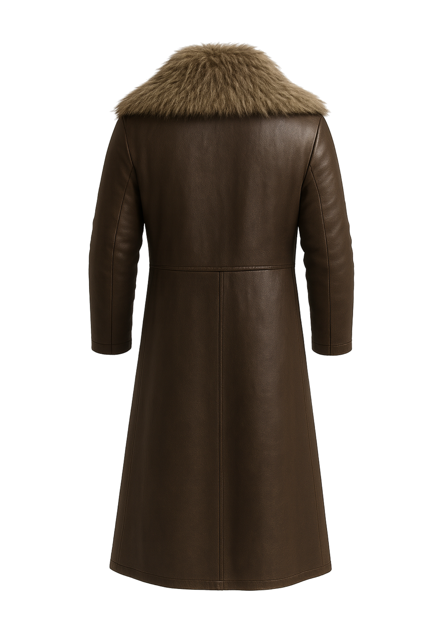 Long brown Viking-inspired fur coat with tan collar, four front toggle fasteners, long sleeves, angled pockets, and clean back seam