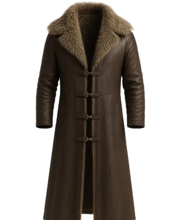 Long brown Viking-inspired fur coat with tan collar, four front toggle fasteners, long sleeves, angled pockets, and clean back seam