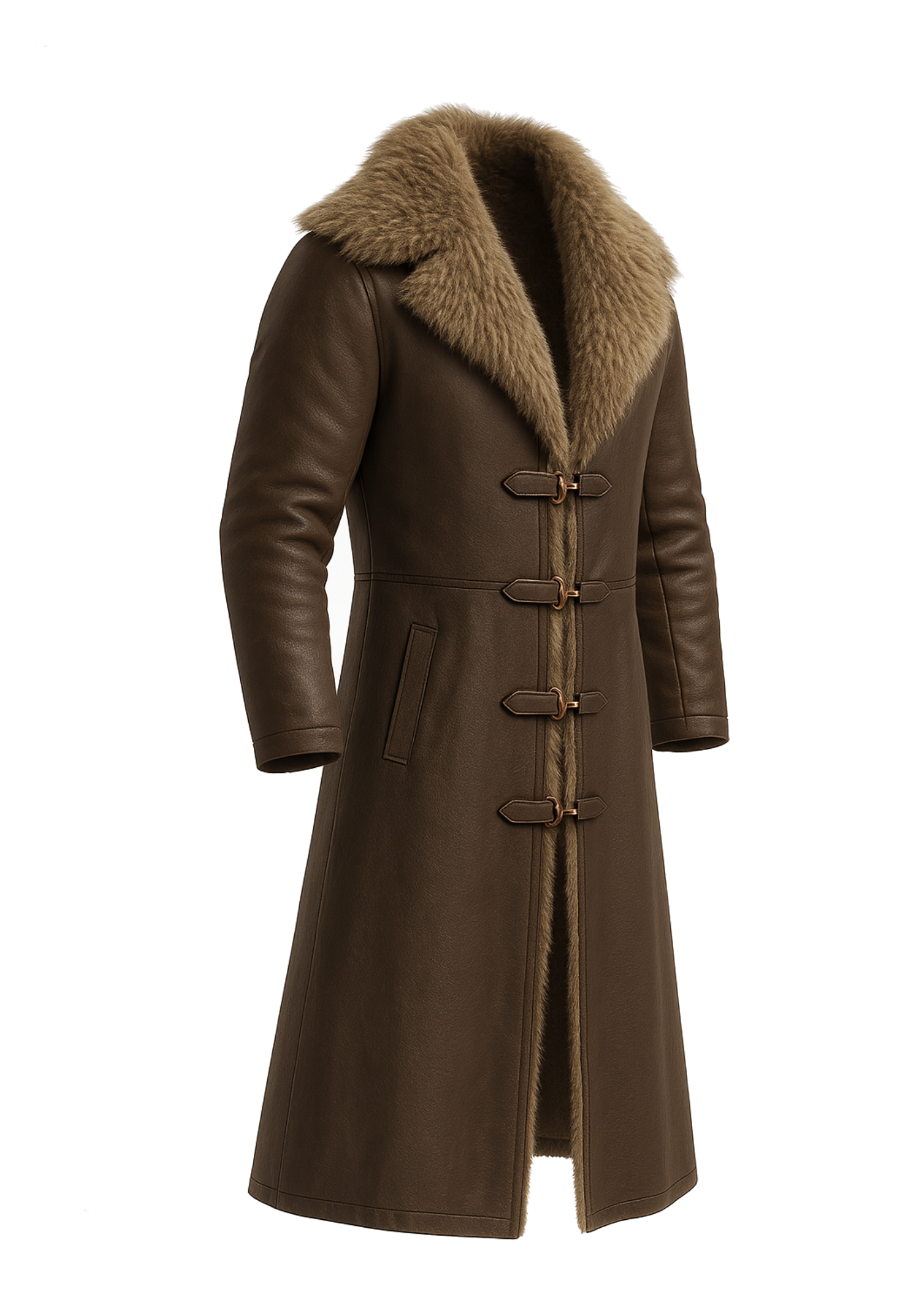 Long brown Viking-inspired fur coat with tan collar, four front toggle fasteners, long sleeves, angled pockets, and clean back seam