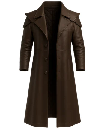 Dark brown long leather-style trench coat shown front and back with wide lapels, button front, long sleeves, quilted interior, and rear shoulder yoke