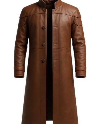 Long brown Warrior coat with stand collar, button front, layered shoulders, angled pockets, long sleeves, and defined back seams