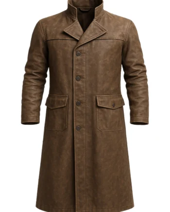 Dusty brown men's duster coat with a long straight shape, high stand collar, stitched shoulder panels, long sleeves, and central seam detailing