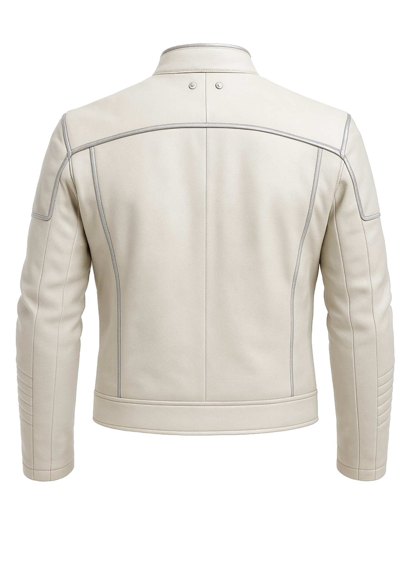 White slim fit men’s biker jacket shown front and back with stand collar, gray contrast piping, panel seams, long sleeves, and zipper details.