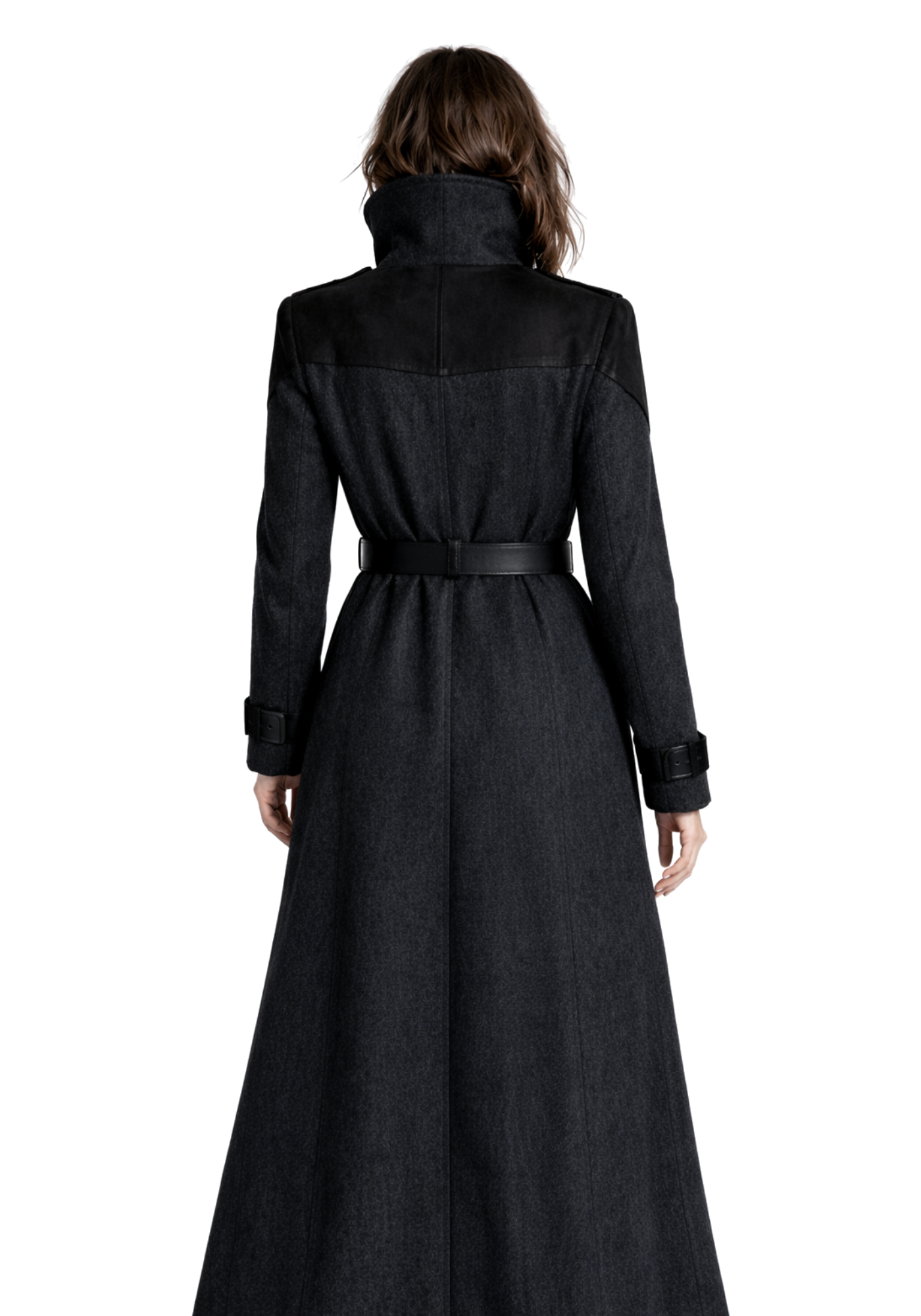 Woman wearing a long black patterned trench coat with high stand collar, button front, wide buckle belt, angled pockets, and belted cuffs