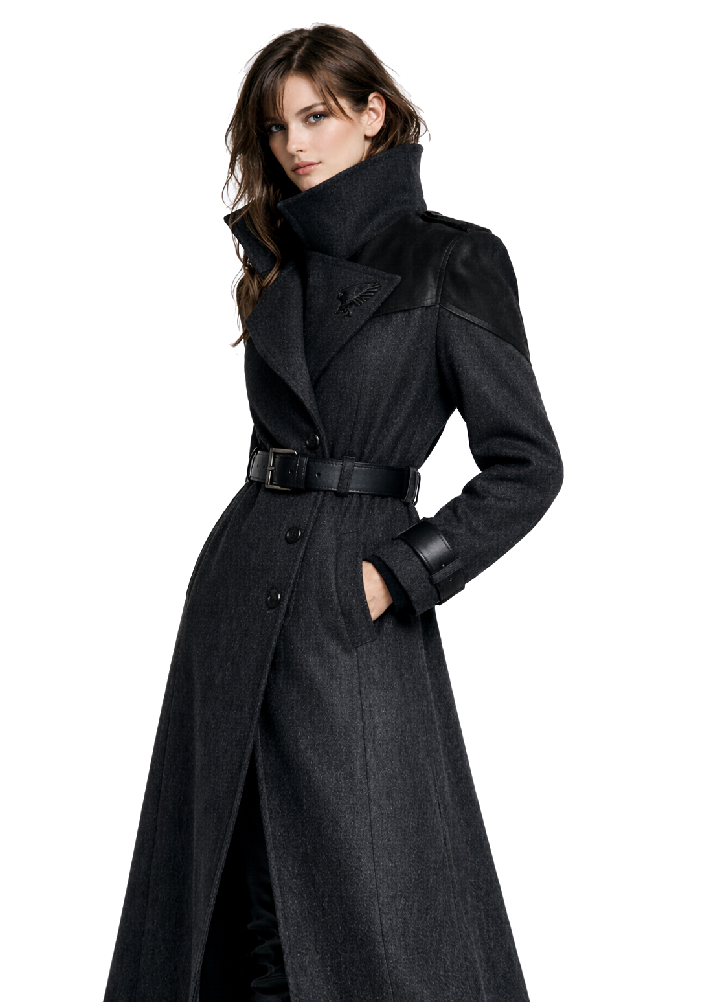 Woman wearing a long black patterned trench coat with high stand collar, button front, wide buckle belt, angled pockets, and belted cuffs