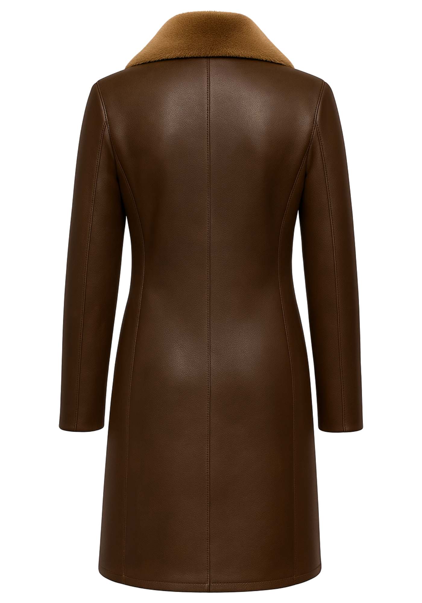 Women's long brown fur collar trench coat with tan lapels, front zipper, angled pockets, long sleeves, and a smooth shaped overall form