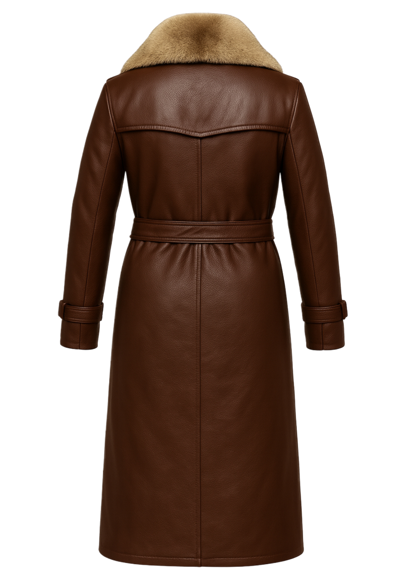 Women's long brown leather-style coat with tan fur collar, double-breasted buttons, waist belt, lapels, cuff straps, and smooth back panel