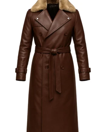 Women's long brown leather-style coat with tan fur collar, double-breasted buttons, waist belt, lapels, cuff straps, and smooth back panel