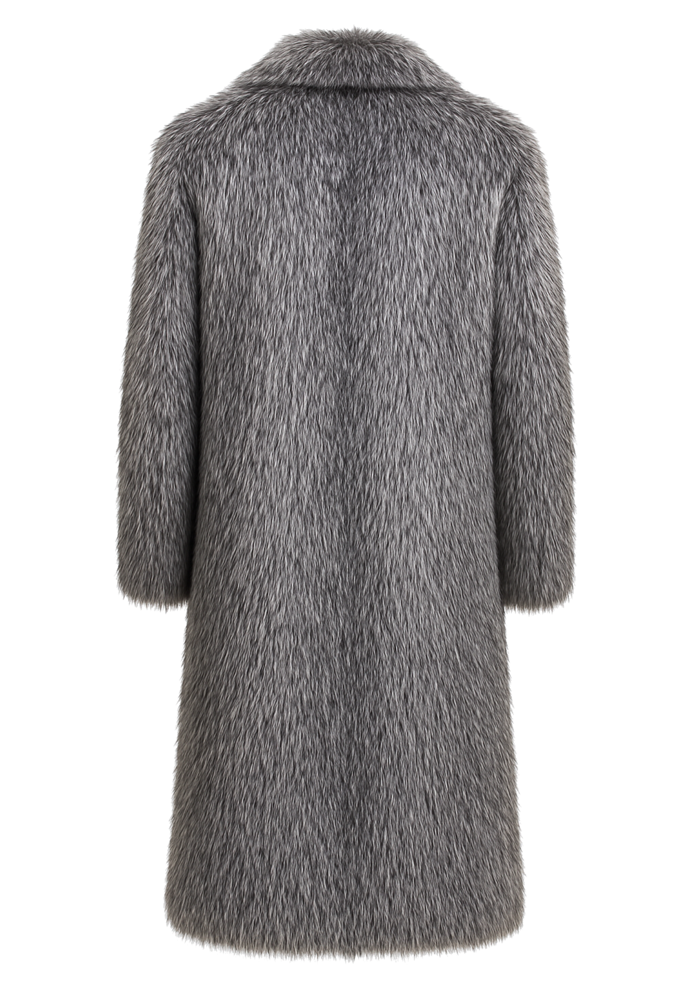 Women's long gray faux fur coat shown from front and rear views with full sleeves, a wide fur collar, dense texture, and straight hem