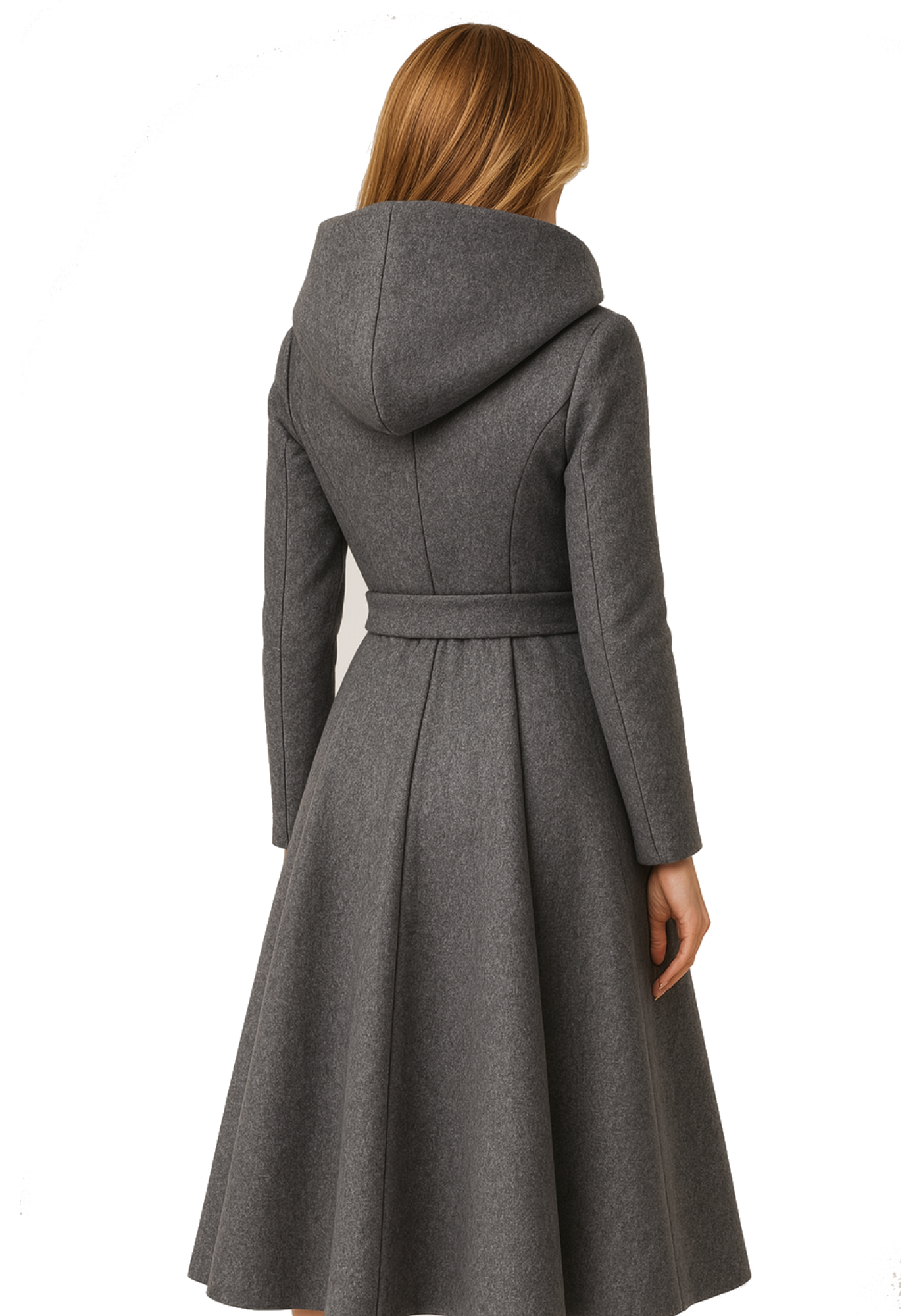 Women's gray wool hooded wrap coat shown front and back with a tie belt, long sleeves, overlapping front, and long flared shape.